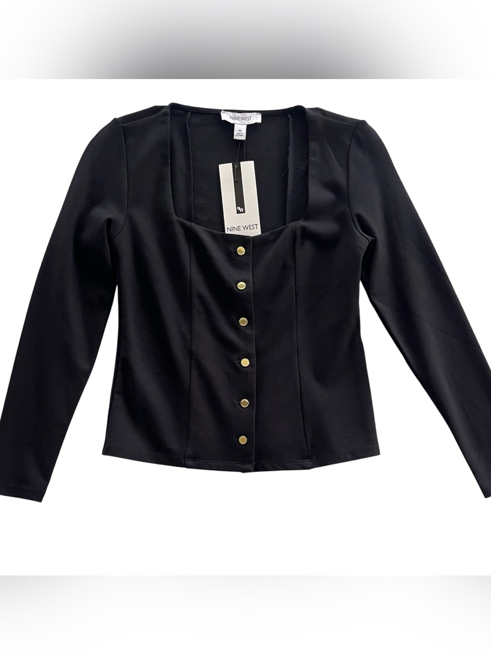 Nine West Black Square Neck Button Front Top Gold Buttons XS NWT